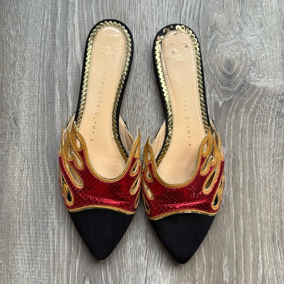 CHARLOTTE OLYMPIA Black Suede And Red Snake-printed Leather mules Size 37/7 - Picture 2 of 11